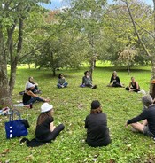 Listening and sharing with our forest therapy guide Tahia Devisscher from Canada