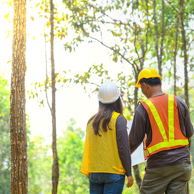 Two workers looking at plans