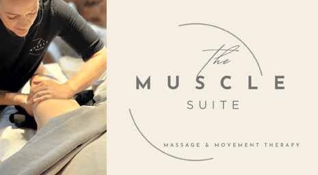 Photo of Emma Giddens massaging a client and the logo of The Muscle Suite, a massage and movement therapy business