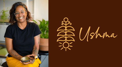 A portrait photo of Ushma Shah from Ushma holding an ayurvedic bowl