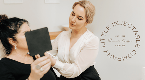 A photo of Sammie Cassie consulting a client and the Little Injectable Logo