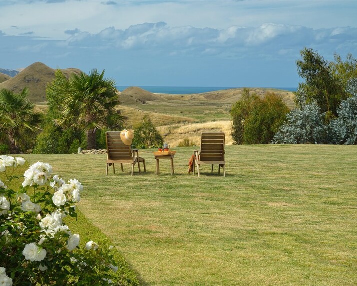 Expansive lawns and decorative gardens