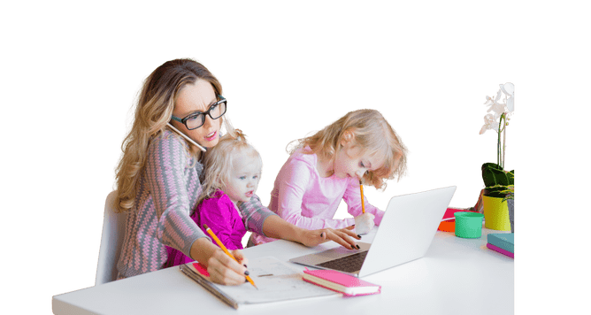 Mum working on laptop and phone while holding diary, kids on her lap — multitasking and juggling small business and motherhood