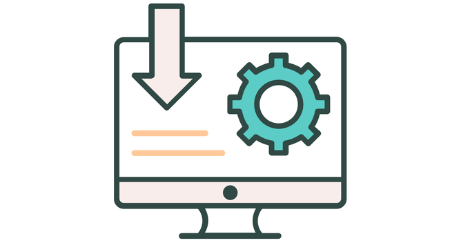 Image of a computer screen with a cog lines for text and and arrow pointing at lines depicting keep your site fresh and updated for visibility