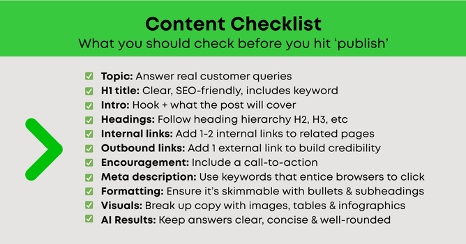 Content Marketing Checklist for improving your chances of showing up in AI or Google results.