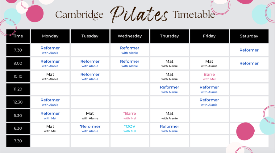Cambridge Pilates Studio | Class Timetable | Book a Class | P: 021 295 6445