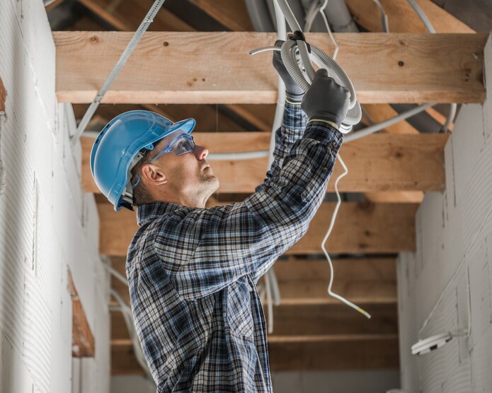 Electrician installing wires in a ceiling