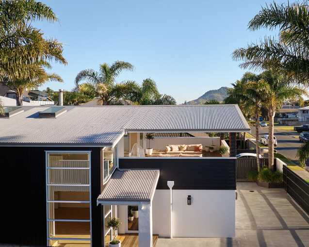 A newly renovated home completed by renovation builders in Mount Maunganui. In this image, you can see the builders' renovated home, large palm trees next to the property, and Mauao in the distance.