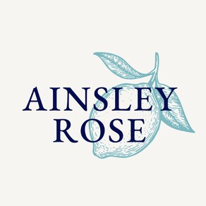 An illustrated logo for Ainsley Rose with text over a hand drawn lemon.