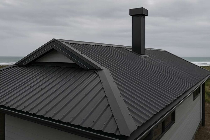 A modern long-run steel roof on a coastal home, built to withstand salt air, high humidity, and strong coastal winds.