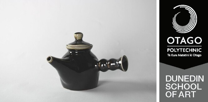 black and white image of a teapot with the Otago Polytechnic Dunedin School of Art logo to the left
