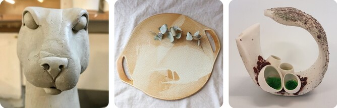 Three thumbnails of a clay rabbit head sculpture, a flat, circular ceramic platter and an abstract ceramic sculpture