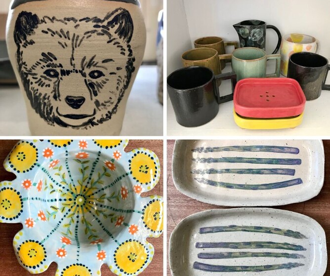 A grid of four images of ceramic pieces - a mug painted with the face of a bear; a collection of mugs, a jug and two soap dishes;  a flower bowl painted with colourful patterns, two platters, each painted with asparagus spears