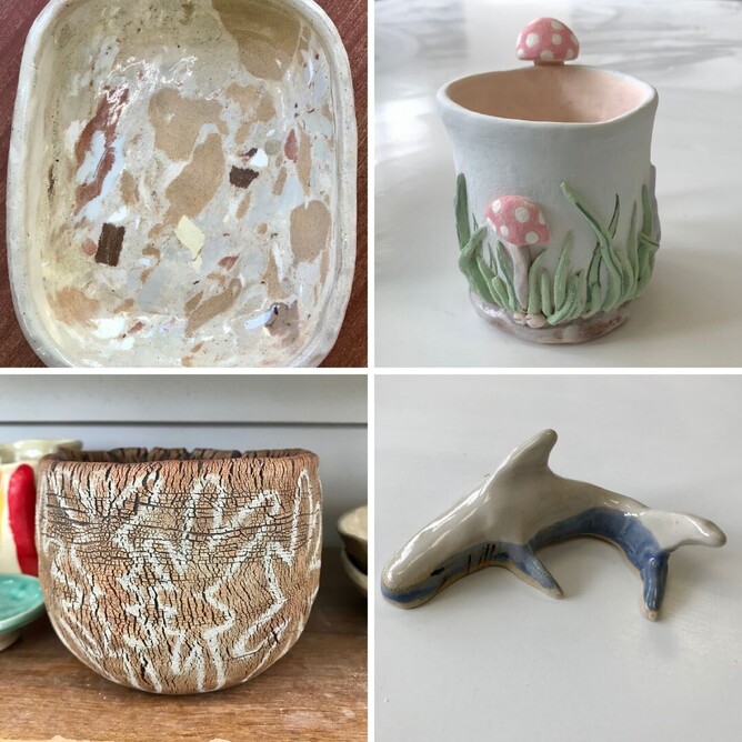 A grid shows four thumbnails with images of four handbuilt ceramics items. Top left is a ceramic dish made using nerikomi clay techniques, top right is of a cup with attached blades of green grass and red mushrooms with white polkadots, bottom left is an image of a brown bowl with white flowers, the surface has a deliberate cracked appearance, bottom right is an image of a ceramic shark with a blue bottom and white top.