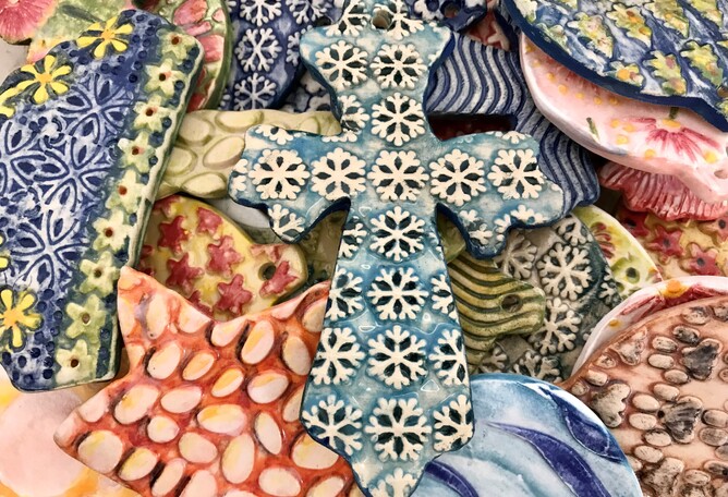colourful, patterned ceramic Christmas decorations