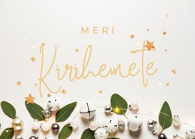 Text reads "Meri Kirihemete" above strung lights, bells and leaves