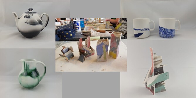 Small thumbnails of: black/white teapot, blue/white mugs, green white jug and sculptures