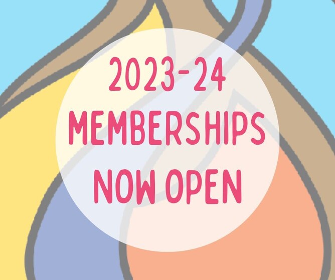 "2023-24 Memberships Now Open" is written on a semi-transparent pale circle overlaid on the colourful club logo