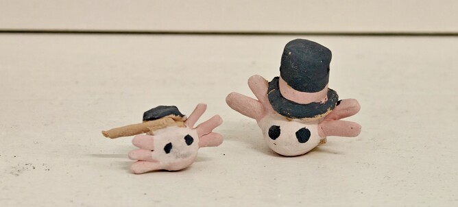 Teeny tiny axolotls, made by Erica Biers at one of the Kids’ Play with Clay sessions – adorbs!
