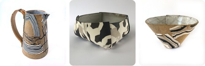 3 thumbnail images of ceramic work by Lynda Wilson. A jug, and two bowls each made using Nerikomi clay techniques