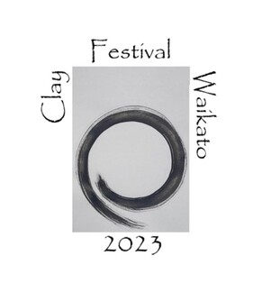 Clay Festival Waikato 2023 logo. A black painted swish inside a grey rectangle with the text Clay Festival Waikato 2023