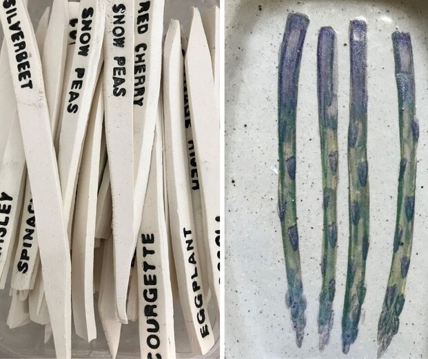 Two images sit side by side. One of various white plant markers with black lettering of vegetable names. The other some asparagus painted on a ceramic base