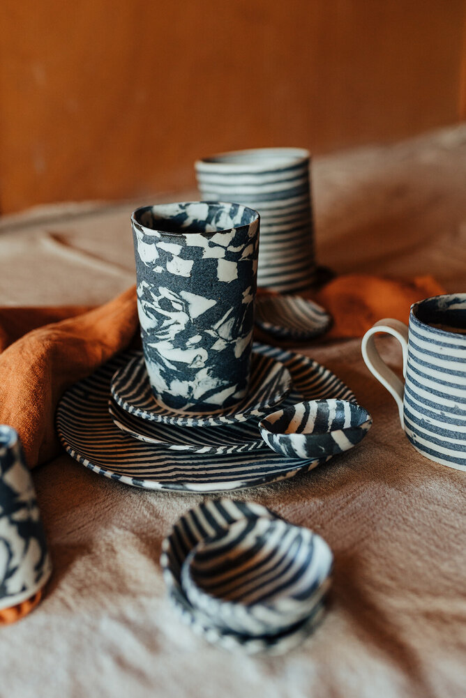 Nerikomi coloured clay functional ware by Alex Wilkinson