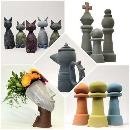 Images of collections of ceramic sculptures of cats, chess pieces, a vase with a face holding flowers, and a teapot 