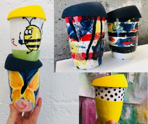A collage of 3 pictures of of takeaway cups painted in bright colours