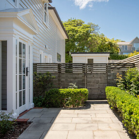 Box hedging around patio
