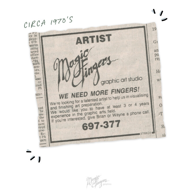 Original 1977 print ad for Magic Fingers Graphics: a second generation family design business