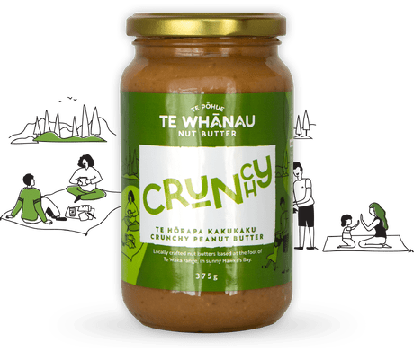 Crunchy peanut butter made by Te Whanau Nut Butter company. Label graphic design by Natalie White