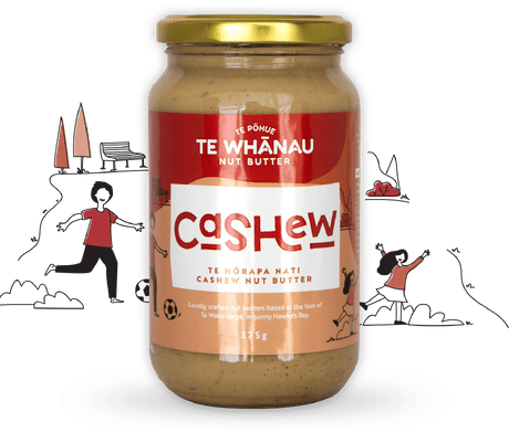 Cashew nut butter, handcrafted in Te Pohue. Label and branding design by Natalie White, Magic Fingers Graphics