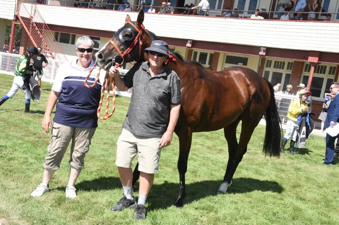 Nikkie and Barrie Blatch after Mr Intelligence won the Grand Casino (2200m) at Wingatui on SaturdayPhoto: Tayler Strong