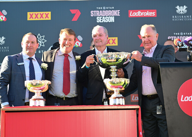 Owners Neville Morgan (right) and David Devine (second from right) celebrate Kovalica’s Derby triumph - Grant Peters (Trackside Photography)