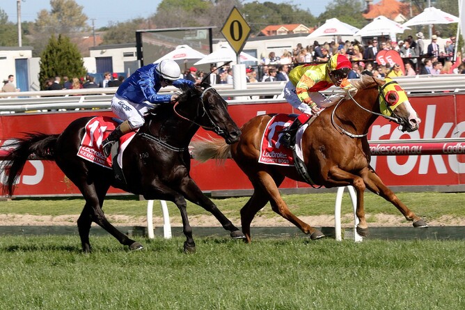 Walker and Mighty Boss on their way to winning the Caulfield Guineas - Darryl Sherer