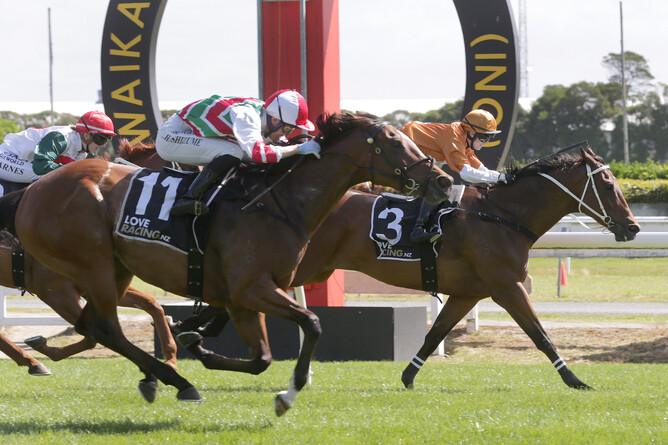 The angle is deceptive, but Malt Time (outer) has beaten Tightlign to win the Listed Legacy Lodge Sprint (1200m) at Te Rapa - Photo: Trish Dunell