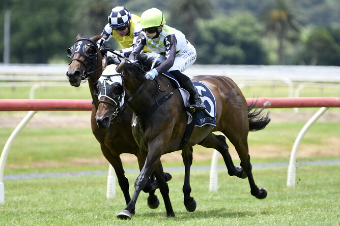 Khando winning her maiden at Te Aroha on Wednesday - Photo: Kenton Wright (Race Images)