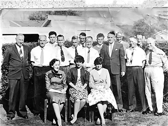 Raetihi Post Office Staff 1960 Billy Hussey's father (Bill) standing second from left and his mother, Nancy who worked in the manual telephone exchange, seated at left. Murray Thompson, who also was assistant projectionist to Sonny Ciochetto in the Theatre Royal, third from right. (Other names identified: Standing at left Reg. Parker. Postmaster Mr Terry in dark suit. Behind him Lou Griffen. Standing at right is Terry Lee)