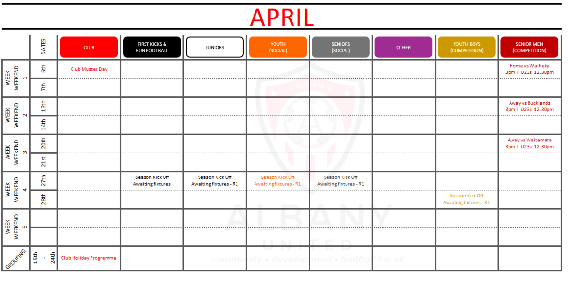 Football & Club Calendar | Albany United Football Club
