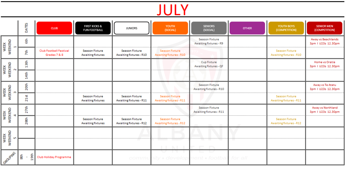 Football & Club Calendar | Albany United Football Club