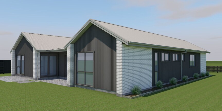 Image of light coloured brick home with dark timber accents. Modern H shaped family home. House & land package available by Coull Builders, Otororanga.