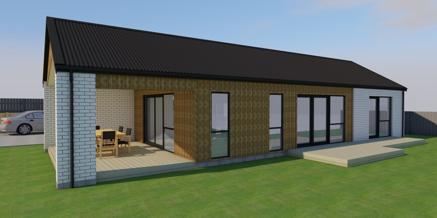 Image of white brick cladded new home with timber accents, and outdoor alfresco area. House & land package available by Coull Builders, Otorohanga.