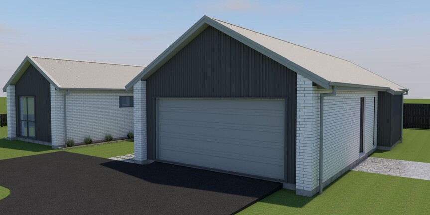 Image of light coloured brick home with dark timber accents. Modern H shaped family home. House & land package available by Coull Builders, Otororanga.