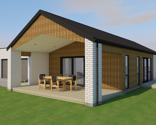 Image of white brick cladded house with timber accents. New house & land package in Otorohanga by Coull Builders. King Country, New Zealand.