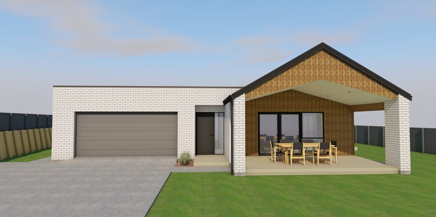 Image of white brick cladded new home with timber accents, and outdoor alfresco area. House & land package available by Coull Builders, Otorohanga.