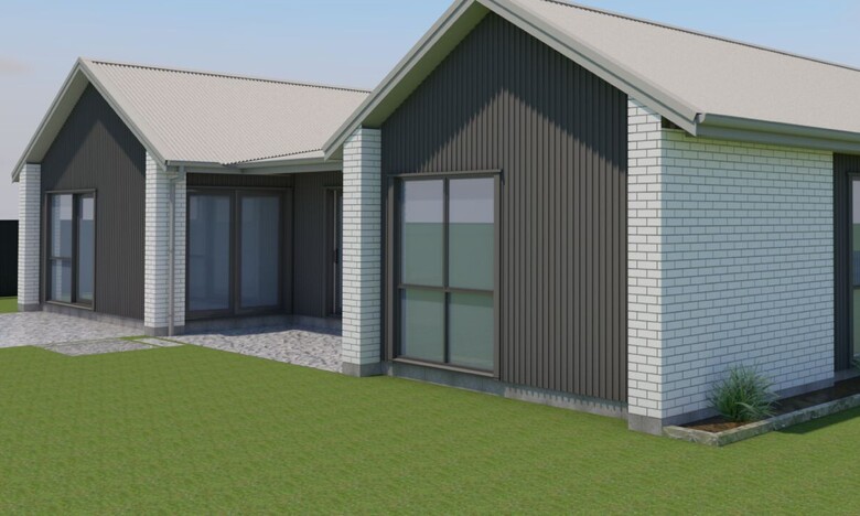 Image of light coloured brick home with dark timber accents. Modern H shaped family home. House & land package available by Coull Builders, Otororanga.