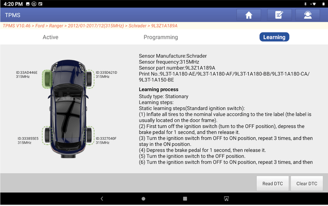 Completed Ford Ranger with properly activated TPMS sensors after replacement and calibration.