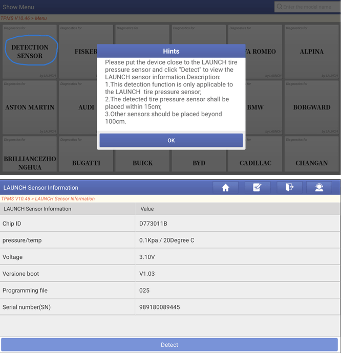 Launch Auscan 4 scan tool screen showing TPMS sensor readings and diagnostics for Ford Ranger