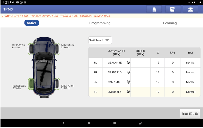 Four new TPMS sensors programmed and ready to be installed on a Ford Ranger.